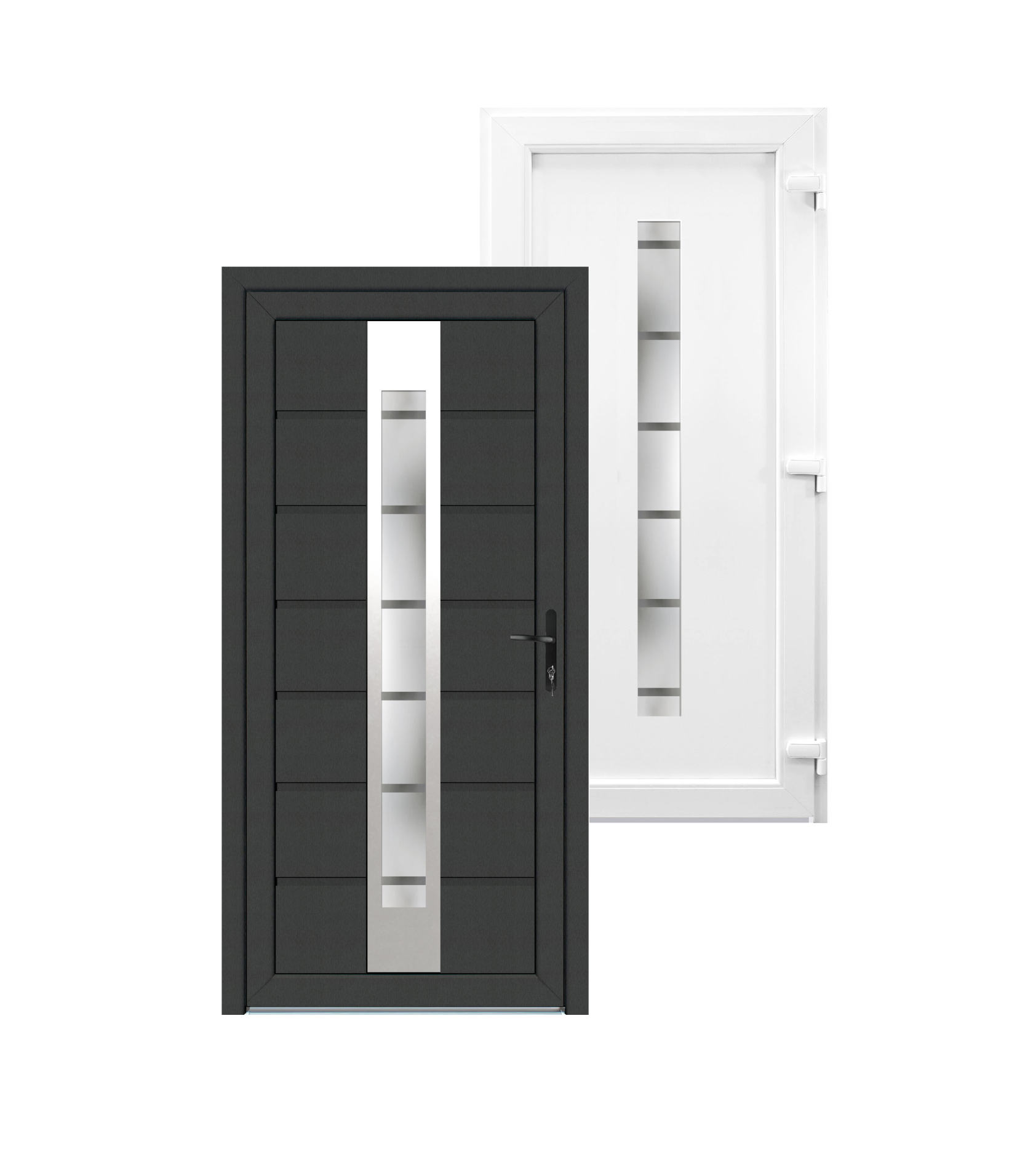 KT48 üveges (Satina), 100x210 cm, műanyag bejárati ajtó, jobbos, befele nyíló, kívül antracit